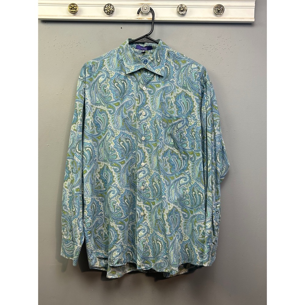 Alan Flusser Shirt Mens Large Blue Paisley Cotton Long Sleeve Button Up